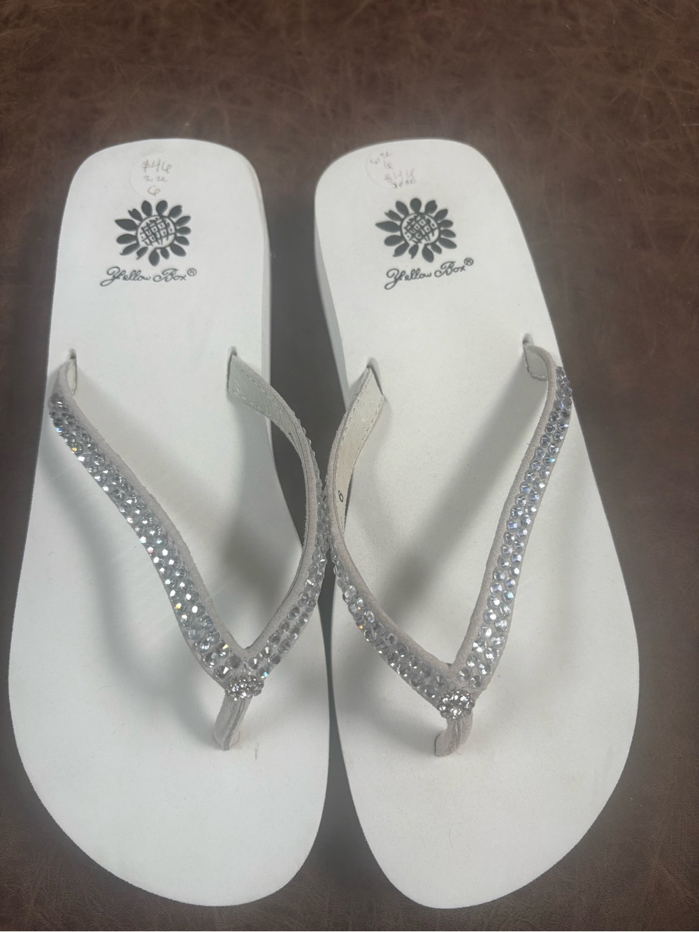 NWT Yellow Box White Rhinestone Strap Flip Flop Sandals